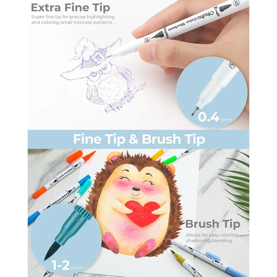 Ohuhu Filzstifte 100 Pinsel & Fineliner wasserbasiert zum Ausmalen – Spitzen und Strichbreiten