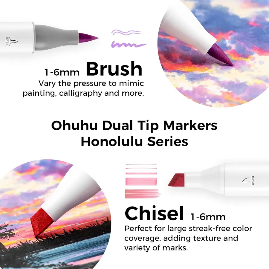 Ohuhu Alkohol Marker 104 Pinsel & Keil Kunstset – Modell Honolulu-02 – B0B4SWGHRT – Miniaturansicht 2