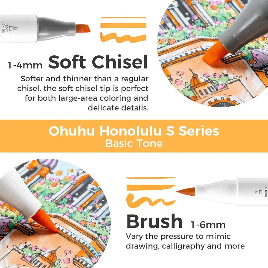 Ohuhu Marker, 48+1 Farben Pinsel und weicher Meißel Doppelte Spitzen – Modell Honolulu S – Miniaturansicht 3