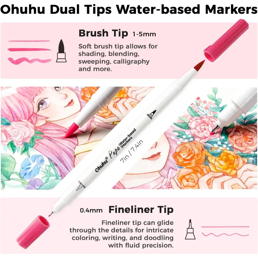 Ohuhu 120 Farben Filzstifte - Papierfreundliche Marker auf Wasserbasis, Doppelspitzige – Miniaturansicht 4